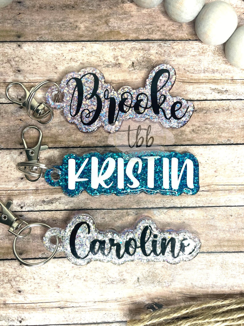 Glitter personalized name keychain - glitter keychain - name keychain - cute keychain - backpack tag - luggage tag - name tag image 2
