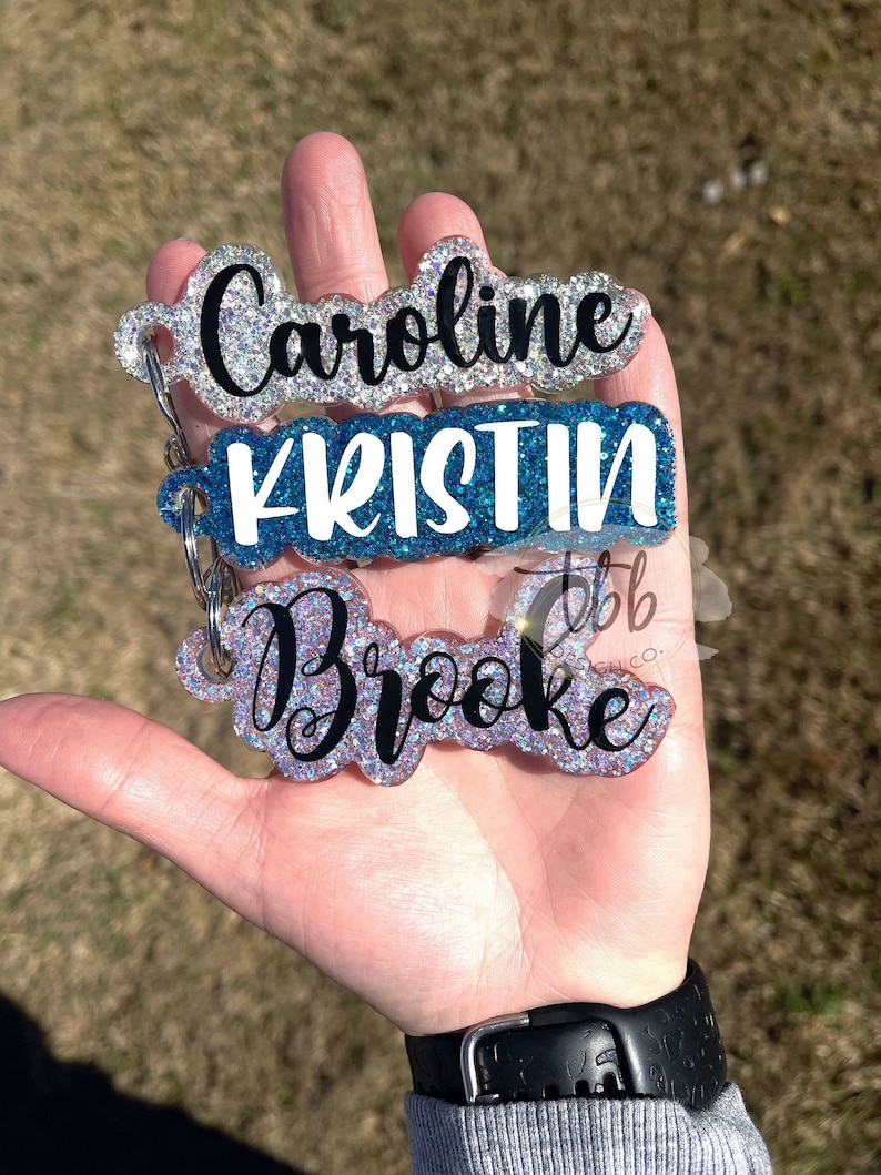 Glitter personalized name keychain - glitter keychain - name keychain - cute keychain - backpack tag - luggage tag - name tag image 1