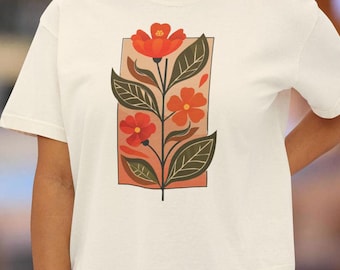 Camiseta floral cuadrada: camiseta vintage de algodón hilado en anillos