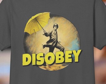 Camiseta Disobey Resist: Camiseta gráfica vintage con paraguas amarillo