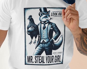 Camiseta gráfica divertida de zorro robando pollo: camiseta divertida y peculiar