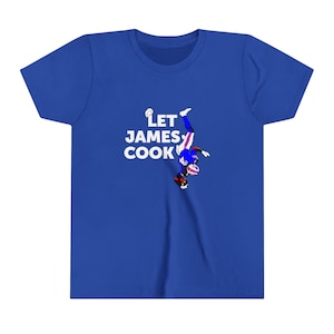 May include: A royal blue t-shirt with a white graphic of a football player in a blue and red uniform with the text "LET JAMES COOK" printed on the shirt.
