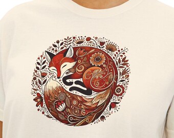 Whimsical Floral Fox Womens Boxy T-Shirt, Oversized Crop Top Style, Eco-Friendly Cotton Tee