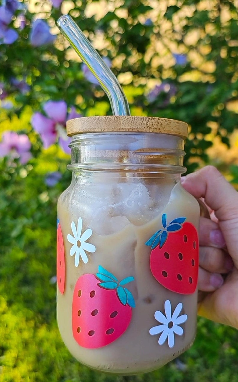 Strawberries Mason Jar Glass Can, Iced Coffee Glass Cup ,cute Cups