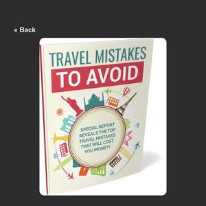 Puede incluir: Portada de libro con el título "TRAVEL MISTAKES TO AVOID" en rojo y blanco. La portada presenta ilustraciones de viajes, como la Torre Eiffel y un avión. El texto dice "SPECIAL REPORT REVEALS THE TOP TRAVEL MISTAKES THAT WILL COST YOU MONEY!"
