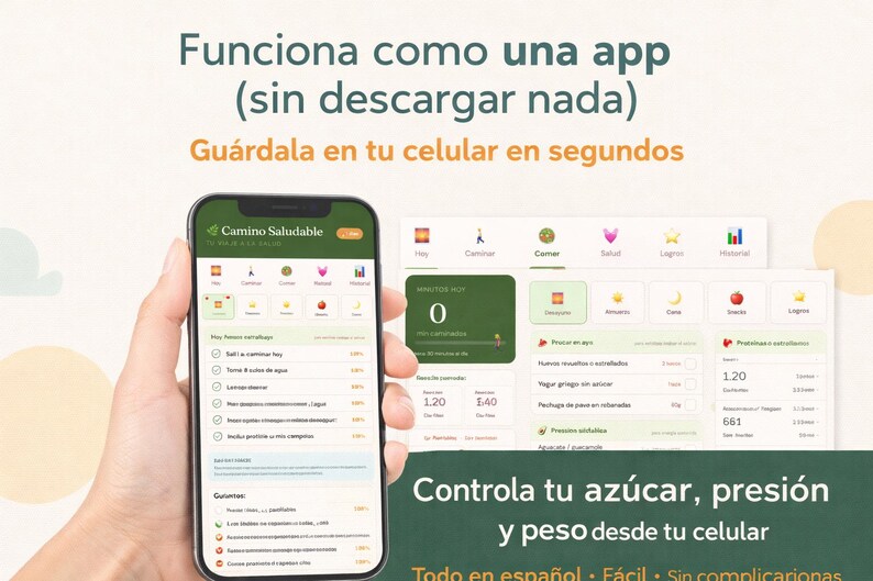 May include: A smartphone displaying a health app interface with green and white elements. The app's interface shows various health metrics and options. Text in Spanish reads "Control your sugar, pressure and weight from your cell phone."