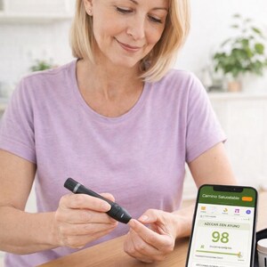 May include: A woman in a lavender t-shirt uses a black blood glucose meter to test her blood sugar. A smartphone displays the text "Camino Saludable" and a reading of 98. A separate blood glucose meter sits on the table.