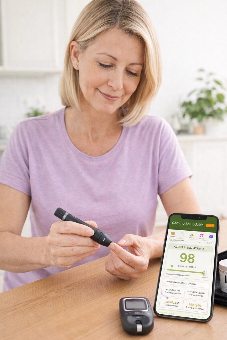May include: A woman in a lavender t-shirt uses a black blood glucose meter to test her blood sugar. A smartphone displays the text "Camino Saludable" and a reading of 98. A separate blood glucose meter sits on the table.