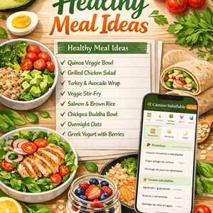 May include: An illustration showcasing healthy meal ideas. The image features a list of meal options, bowls of food, a wrap, a jar of yogurt with berries, and a smartphone displaying a health app. Fresh tomatoes, avocado, and a lemon are also present.