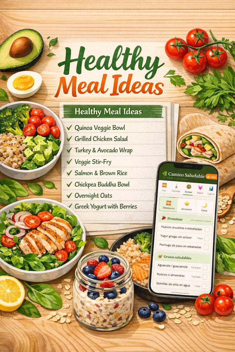 May include: An illustration showcasing healthy meal ideas. The image features a list of meal options, bowls of food, a wrap, a jar of yogurt with berries, and a smartphone displaying a health app. Fresh tomatoes, avocado, and a lemon are also present.