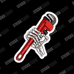 May include: A red adjustable wrench held by a skeleton hand. The wrench is a common tool used for tightening and loosening nuts and bolts.