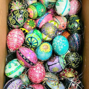 These are handmade pysanky eggs made from regular ol'eggs.