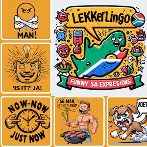 Cartoon character confidently flipping meat on a braai with text "Ag man, it's not my first braai!"
Split face illustration showing yes and no with text "Ja, nee"
