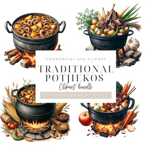 Puede incluir: Ilustración digital de cuatro ollas de hierro fundido negras llenas de comida, incluyendo carne y verduras. Las ollas están sobre fuegos abiertos, con el texto "TRADITIONAL POTJIEKOS Clipart bundle" en el centro.