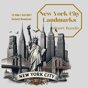 New York City Landmarks Clipart Bundle | Statue of Liberty, Empire State & More | Vintage Ink Sketch Digital Art PNG | Gold Accent