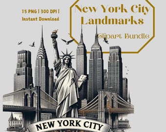 NYC Landmarks Clipart: Vintage Ink Sketch with Gold (Digital Art PNG)