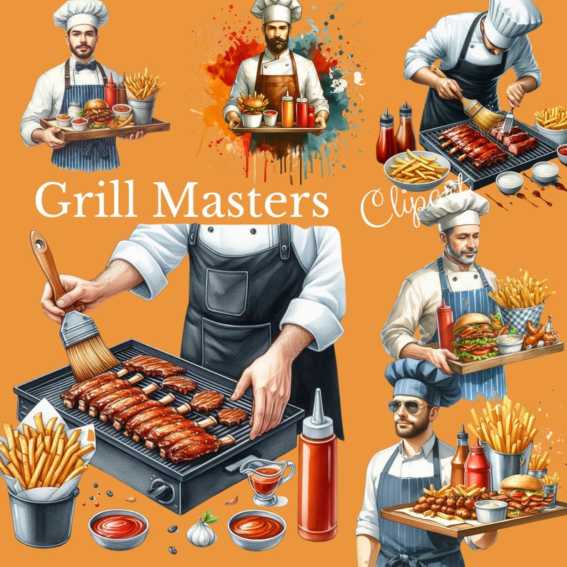 Watercolor BBQ Clip Art (40 Pngs) - Barbecue Graphics Set - Grill ...