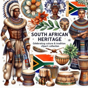 South African Heritage Clipart Bundle | 30 PNG Images | Traditional Culture & Festival | Transparent Backgrounds Included | Watercolor Style
