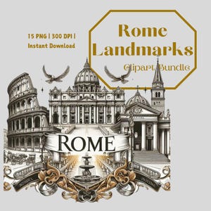 Puede incluir: Una ilustración en blanco y negro de monumentos famosos de Roma, Italia. La imagen incluye el Coliseo, la fuente de Trevi, el Panteón y la Basílica de San Pedro. El texto "ROMA" está escrito en una fuente decorativa en la parte inferior de la imagen.