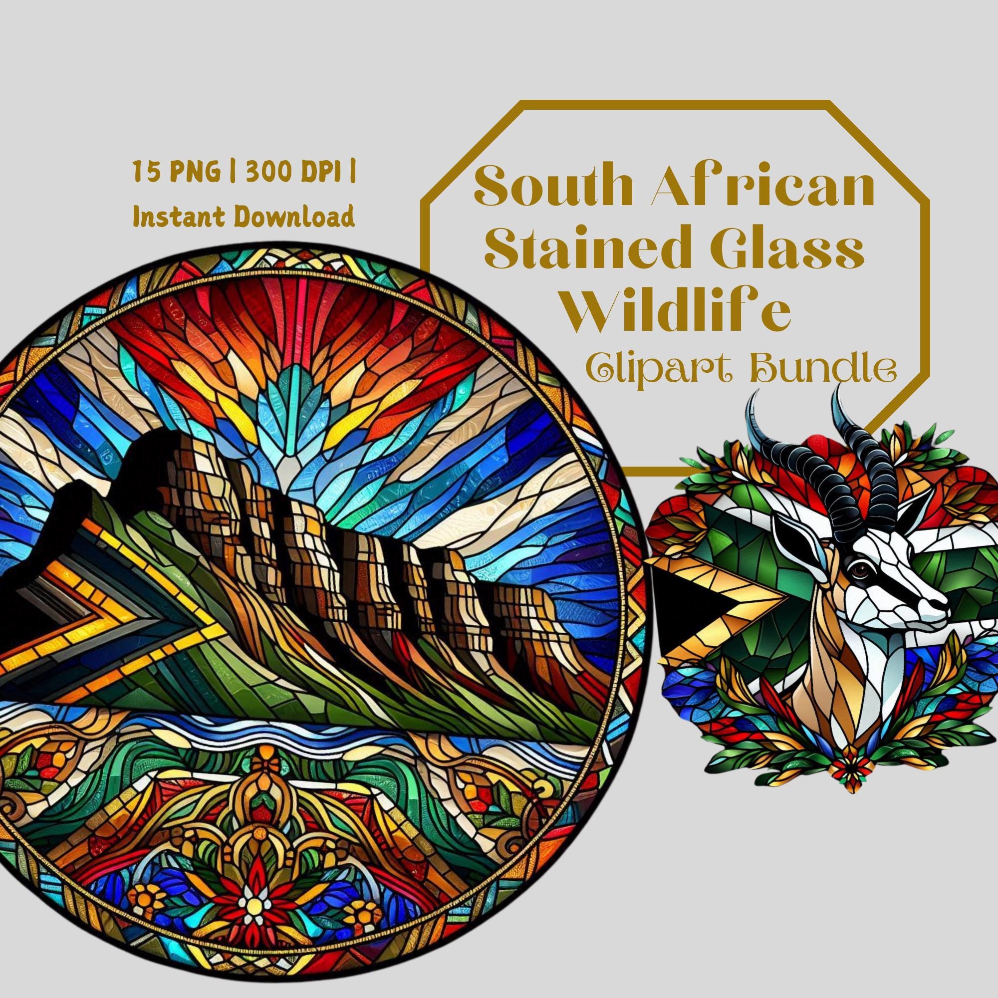 South African Stained Glass Wildlife Clipart | 15 PNGs | Tribal Animals, Protea, Baobab, Transparent Background, Digital Download