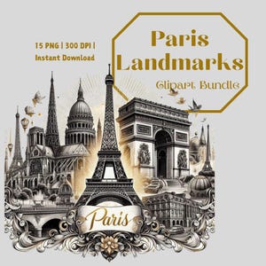Lot de cliparts monuments de Paris | Tour Eiffel, Notre-Dame, Louvre et plus | Croquis à l'encre vintage Art numérique PNG | Accent doré
