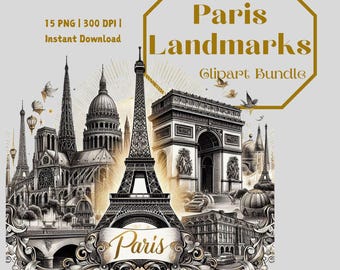 Paris Landmarks Clipart Bundle | Eiffel Tower, Notre-Dame, Louvre & More | Vintage Ink Sketch Digital Art PNG | Gold Accent