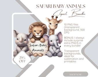 Safari Baby Tiere Clipart: Aquarell Löwe, Elefant, Giraffe (PNG Digital Download)