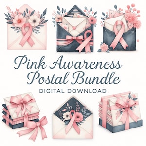 May include: Watercolor illustration of a "Pink Awareness Postal Bundle" featuring envelopes, ribbons, and floral arrangements in shades of pink, white, and blue. The words "Pink Awareness Postal Bundle" and "Digital Download" are displayed.