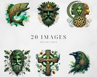 ケルト神話のクリップアート：緑と金の異教アート（PNGデジタルダウンロード）