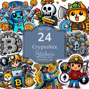 May include: A set of 24 colorful stickers featuring various cartoon characters and cryptocurrency symbols. The stickers are designed with a playful and whimsical style, including a skull, a dog, and a robot. The text "CryptoStix" and "Set of 24" are displayed on the image.
