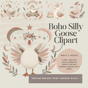 Boho Silly Goose Clipart Bundle PNG | Whimsical Goose Illustrations | Baby Shower, Nursery Art, Party Decor | Digital Download