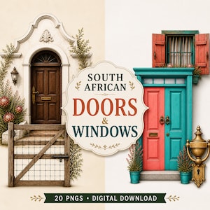 Peut inclure: Téléchargement numérique présentant deux portes et fenêtres sud-africaines. L'une est une porte marron avec une barrière en bois et des marches. L'autre est turquoise et corail avec une fenêtre au-dessus. L'image comprend le texte "South African Doors & Windows" et "20 PNGS • DIGITAL DOWNLOAD".