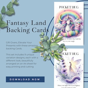 Pocket Hug Card Fantasy Land Backing Cards - 9 Whimsical Designs with Unicorns, Fairies, and Enchanted Forests