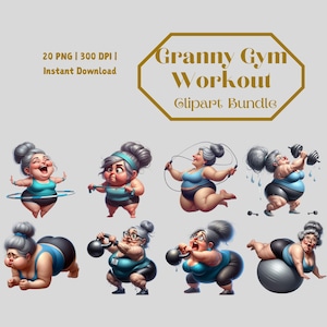 Lot de cliparts pour grand-mère | 20 PNG d'exercices drôles de vieille dame | Stickers échecs fitness pour sublimation, agendas, travaux manuels