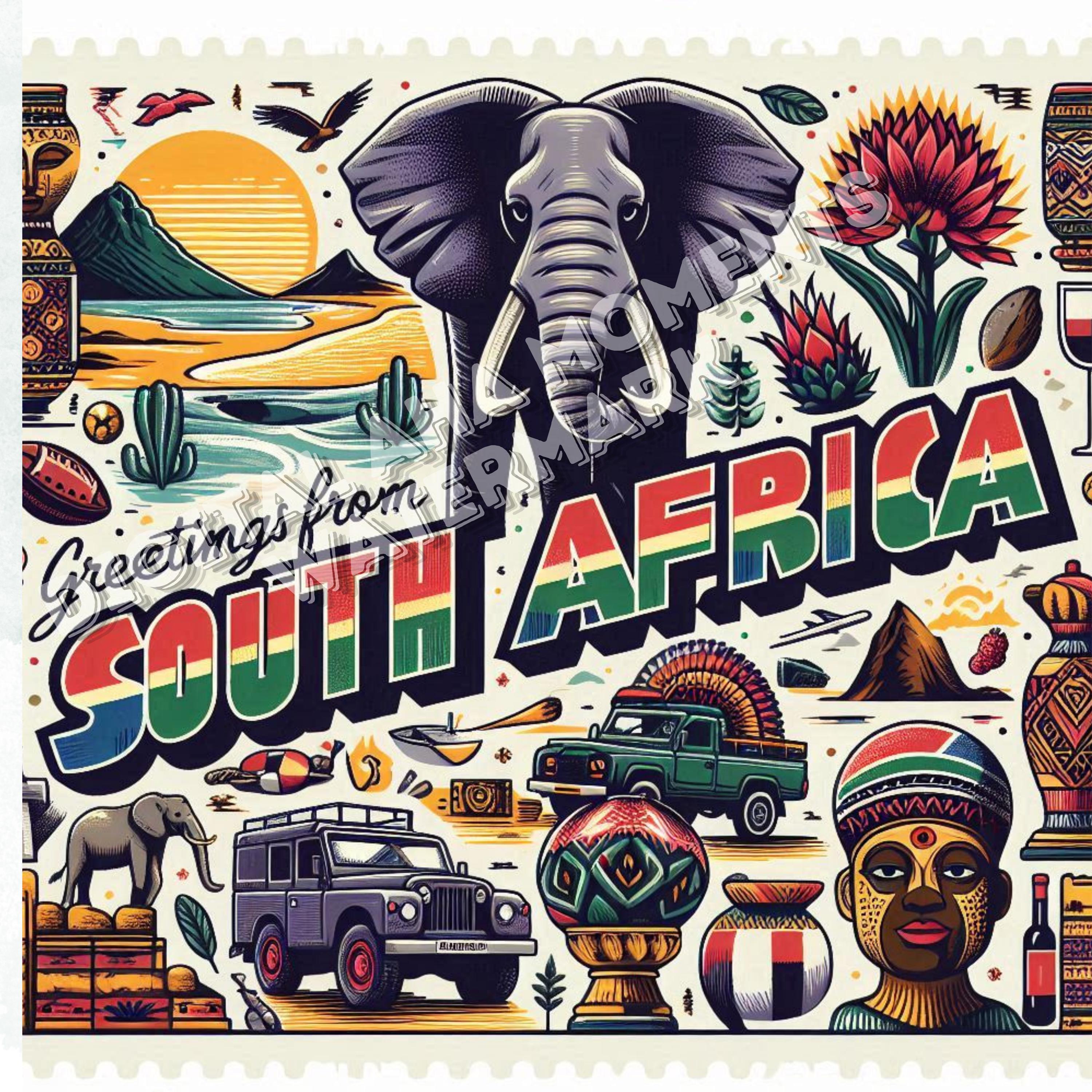 South Africa Postcard PNG | Greetings from SA Digital Art | African Travel Clipart | Retro Souvenir Design | 10 Vintage Style Images
