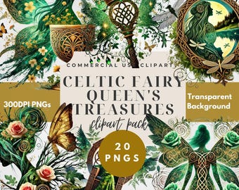 Celtic Fairy Queen Clipart, Double Exposure PNG, Fae Crown Digital Art, Fantasy Wings, Magical Green Gold Art Bundle, Commercial Use