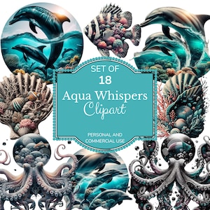 Delfines, caballitos de mar, conchas y peces Aqua Whispers - 18 archivos de imágenes prediseñadas PNG de Ocean Life - 300DPI y archivos transparentes