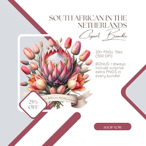 Imágenes prediseñadas de sudafricanos en los Países Bajos / 20 PNG con protea y tulipán / Arte de expatriados holandeses, PNG de sublimación digital, imágenes prediseñadas afroholandesas