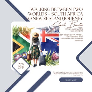 Clipart de viaje de Sudáfrica a Nueva Zelanda: 10 imágenes JPEG imprimibles de expatriados conmovedores / Arte de maleta y bandera / Descarga instantánea en acuarela