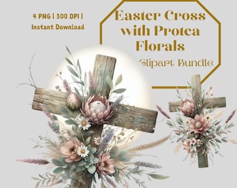 Akvarell påskkors Clipart: Proteablommor PNG (digital nedladdning)