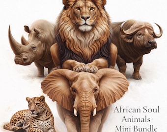 African Soul Animals Clipart Bundle, Safari Animal PNG, Lion Elephant Rhino Leopard Art, Commercial Use Digital Download