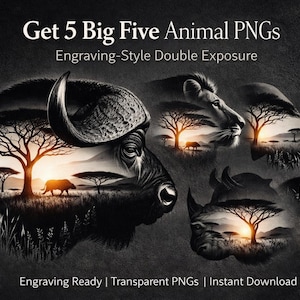 Puede incluir: Ilustración en blanco y negro de estilo grabado con cinco animales africanos: un búfalo, un león, un rinoceronte y un leopardo. Cada silueta de animal contiene un paisaje con un árbol y una puesta de sol.