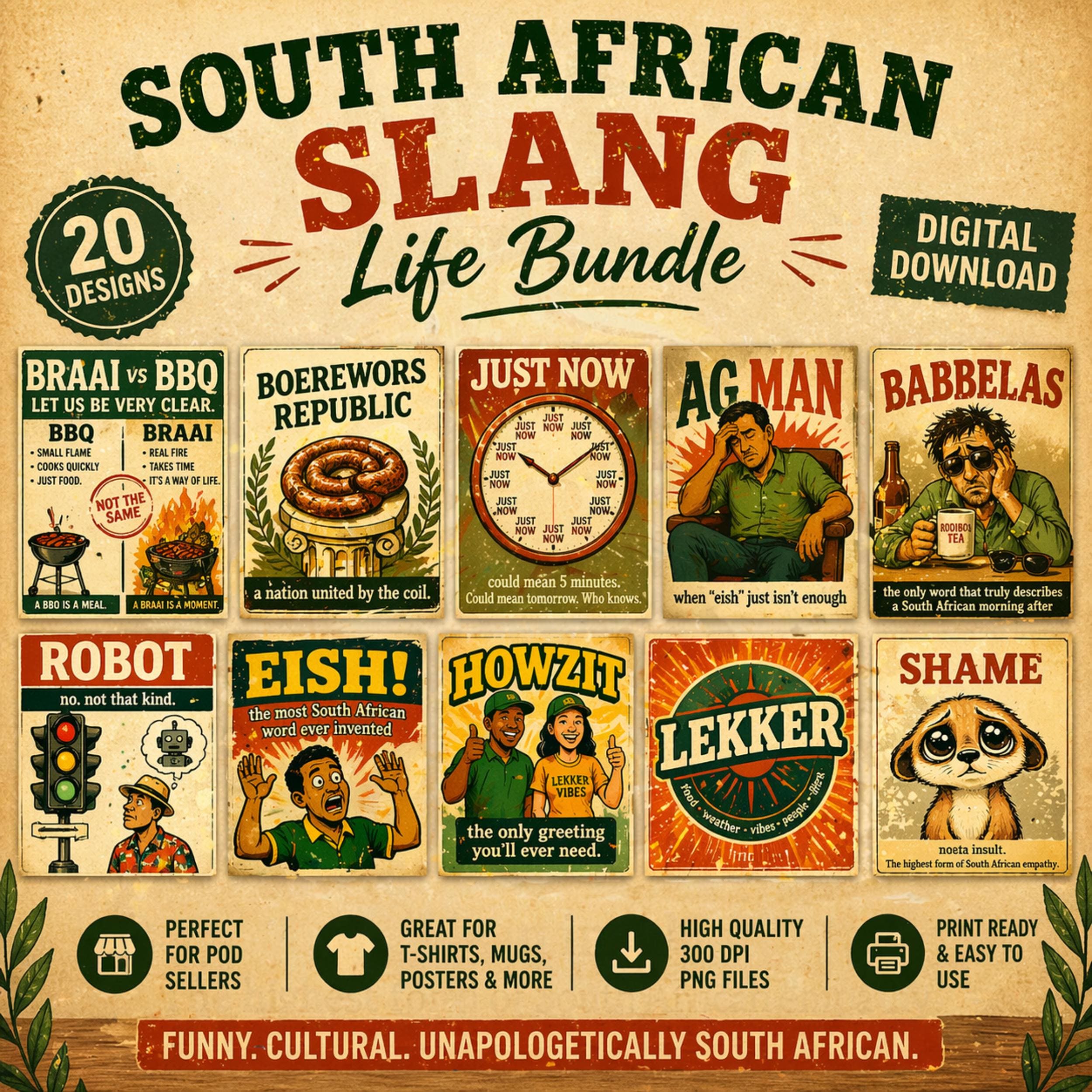 South African Slang Life PNG Bundle | 20 Funny SA Vintage Poster ...