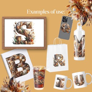 May include: Examples of how to use a set of alphabet letters with a safari theme. The letters are made of gold and have a variety of animals and plants incorporated into the design. The letters are shown on a phone case, a water bottle, a tote bag, a notebook, a mug, and a glass. The text "Examples of use" is shown at the top of the image.