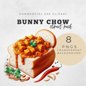 Traditionele Zuid-Afrikaanse Bunny Chow-clipartbundel | 8 png-afbeeldingen | Modern design met curryvulling | Digitale download