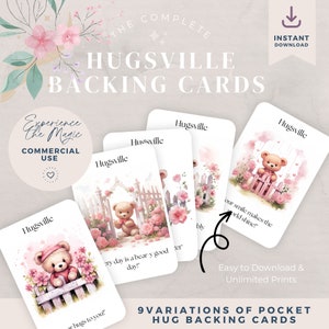 Pocket Hug-achterkaarten - digitale download voor knutselaars | Afdrukbare kaarten voor het tentoonstellen van miniknuffels en knutselwerkjes | Knuffels in vitrinezakje