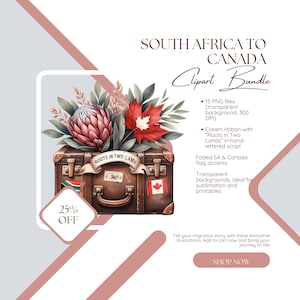 Clipart dal Sudafrica al Canada - 15 PNG / Pacchetto di sublimazione per espatriati / Foglia d'acero Protea / Radici in due terre / Download digitale istantaneo