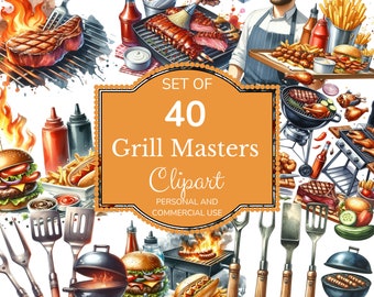 Watercolor BBQ Clip Art (40 PNGs) - Barbecue Graphics Set - Grill & Smoker Illustrations