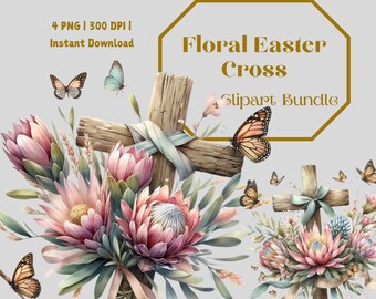 Blommigt påskkors Clipart-paket: Akvarell kristna PNG-bilder (digital nedladdning)