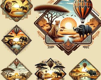 Pacchetto PNG Kruger Safari: disegni di animali selvatici africani a forma di diamante (download digitale)